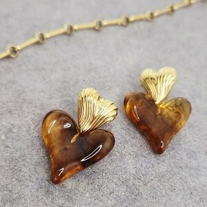 Gold and Amber Heart Dangle Drop Acrylic Pierced Earrings
